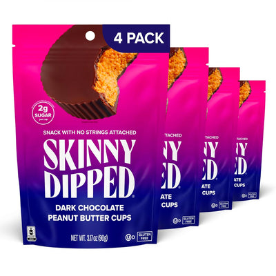 SkinnyDipped Dark Chocolate Peanut Butter Cups, 2g Sugar per Cup, Keto Friendly, Low Carb, Gluten Free, 3.2oz, 4 Pack (24 Cups Total)