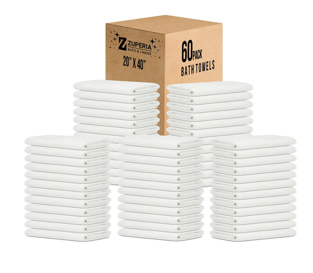 ZUPERIA White Bath Towels Bulk - 20 x 40 Inches, 100% Cotton Economy Light Weight Towels for Commercial Use - Quick Dry, Ultra-Soft, and Absorbent Bulk Towels (12 Pack)