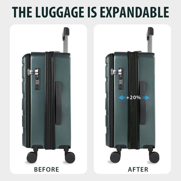 KROSER Carry On Luggage with Spinner Wheels & Built-in TSA Lock, Expandable Top Loading Hard Shell Suitcase Large Capacity Durable Rolling Luggage with USB Port, Carry-On 20-Inch, Dark Green