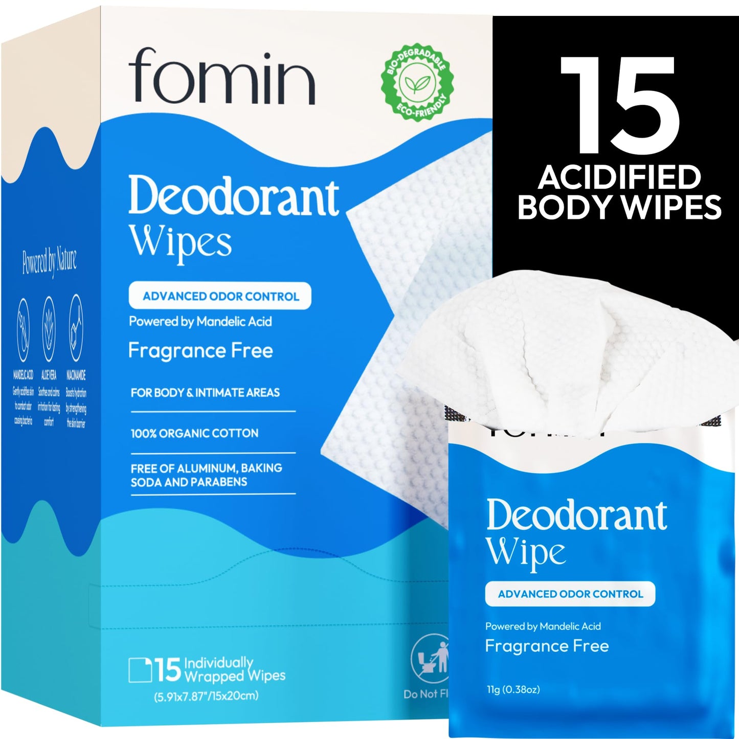 FOMIN Acidified Travel Deodorant Wipes For Women & Men - 15 Count - Variety Pack - pH Balanced, Mini Deodorant Travel Size Wipes - Plastic-Free, Individually Wrapped Underarm Body Wipes
