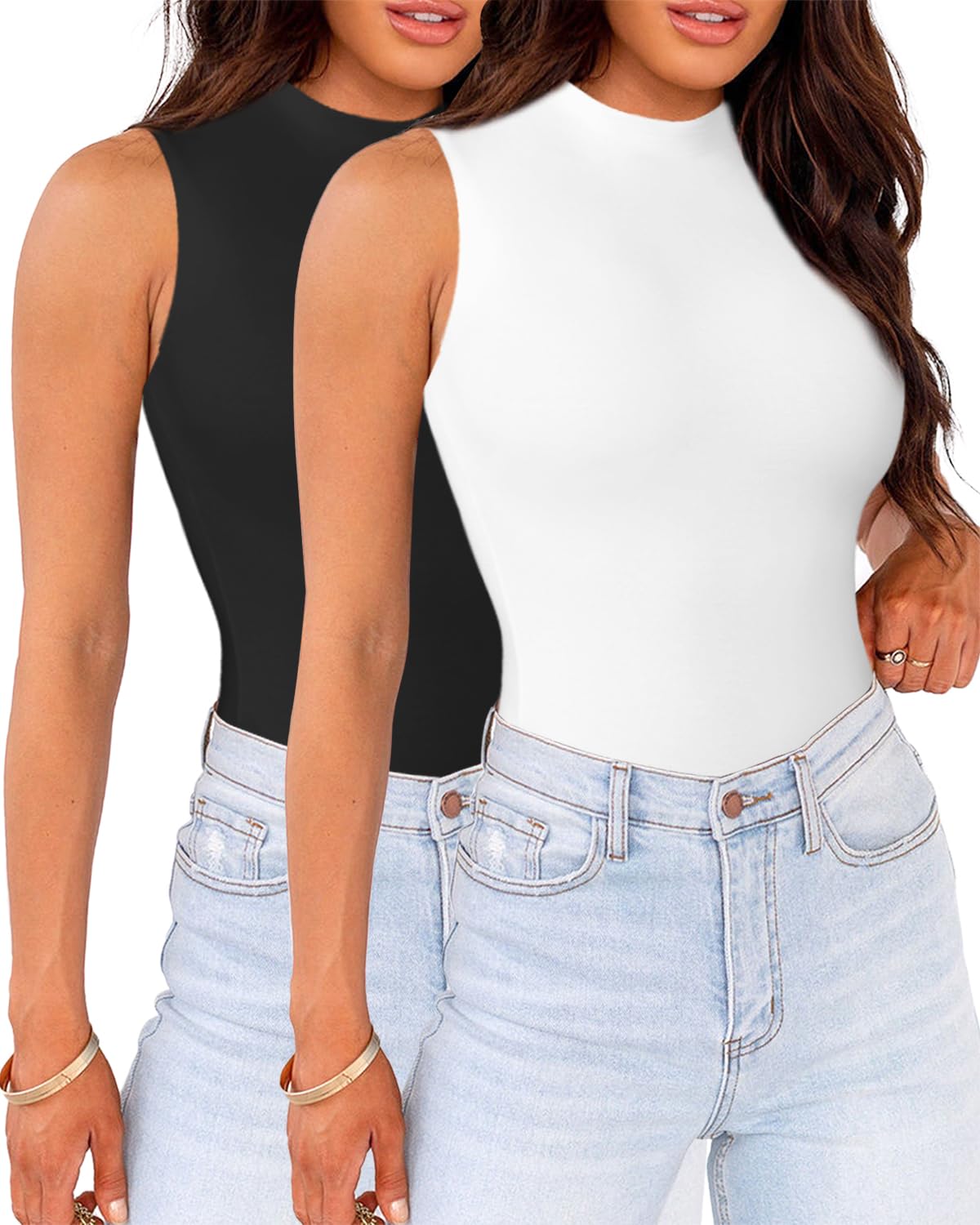 WAYMAKER Mock Neck Bodysuits for Women Sleeveless Basic Tank Top Body Suit Shirts