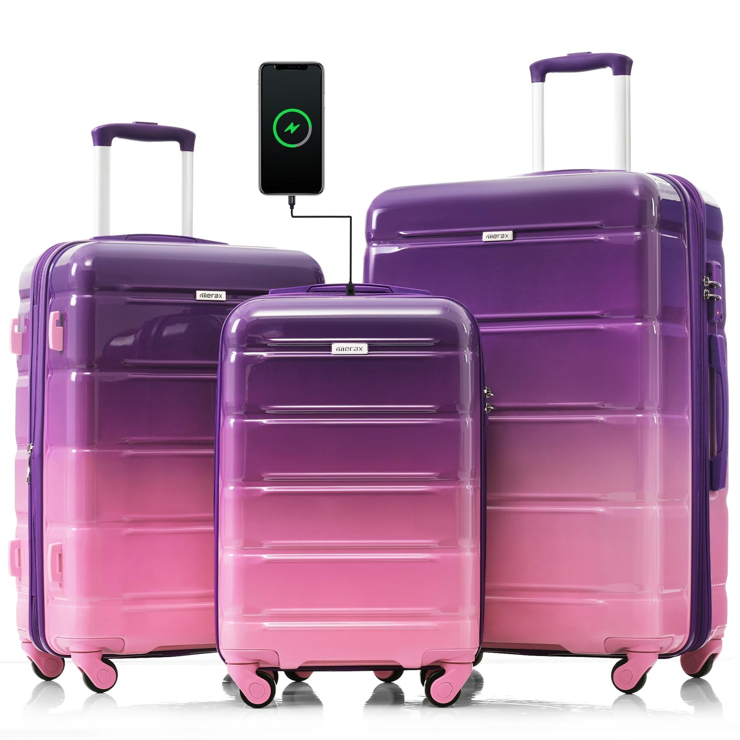 Merax 3 Luggage Sets, ABS Hardshell Suitcase Spinner Wheels with USB Port TSA Lock, Blue and Navy, 20/24/28 Inch
