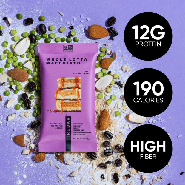 TRUBAR Vegan Protein Bar, Whole Lotta Macchiato, Gluten Free, Plant Based Protein, Dairy Free, Non GMO, Soy Free, No Sugar Alcohols, 12G Protein, 12G Fiber, 23G Carb, On the Go Snack Bars, 12 CT