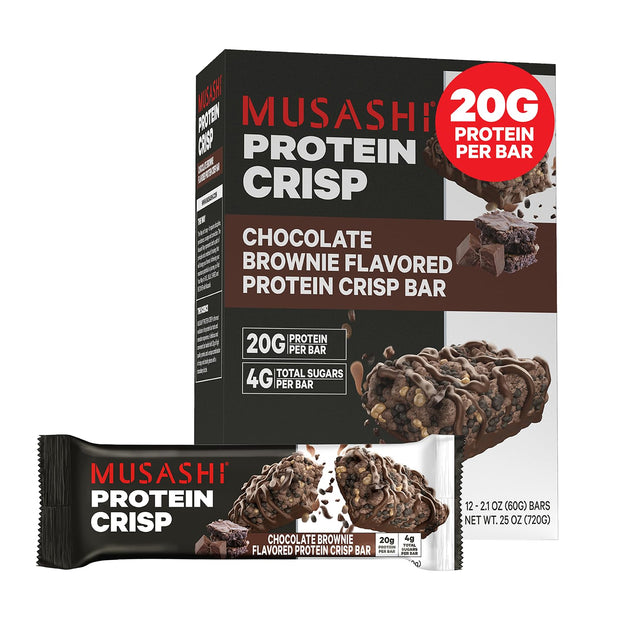 MUSASHI Protein Crisp Bar, 20g Protein, 4g Total Sugars, Chocolate & Peanut, Post Workout and Snack On The Go, 12 Pack of 2.1oz (60g) Bars