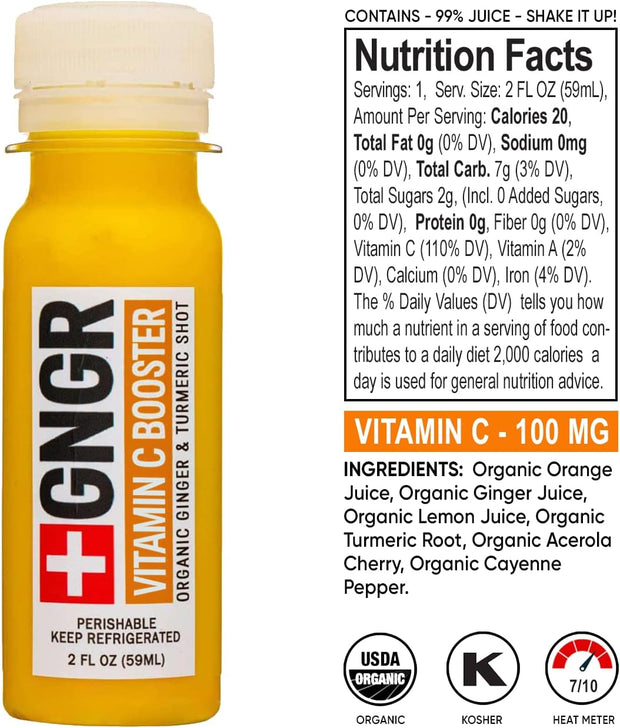 +GNGR Immunity Booster Organic Ginger and Turmeric Shot - Cold Pressed Ginger Shots with Turmeric, Cayenne Pepper, Orange, Lemon for All Natural Immune & Digestive Support (2 Oz, Pack of 12)