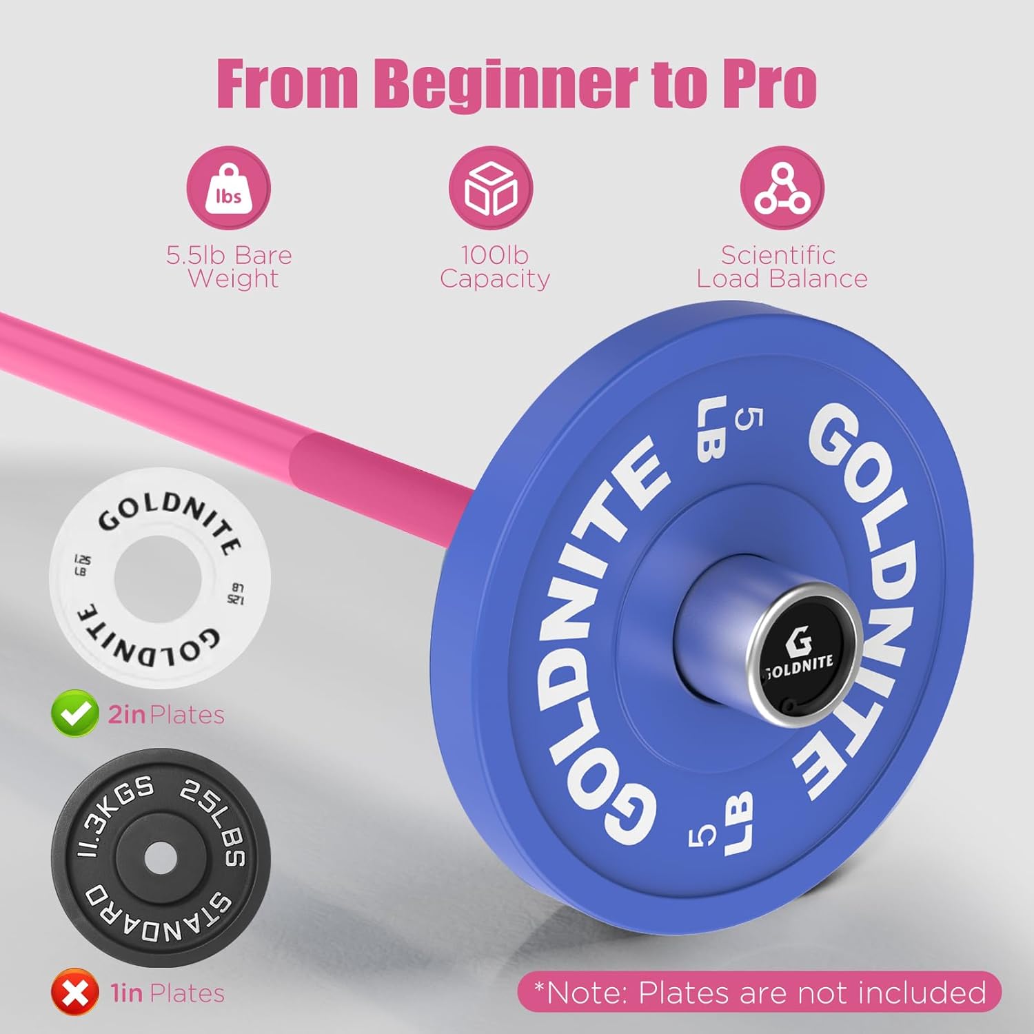 5.5LB Mini Barbell Bar 4Ft for Beginners Women & Kids-100LB Capacity Lightweight Weightlifting Bar- Multi-Color for 2-Inch Weight Plates Total Body Workout Strength Training Home Gym