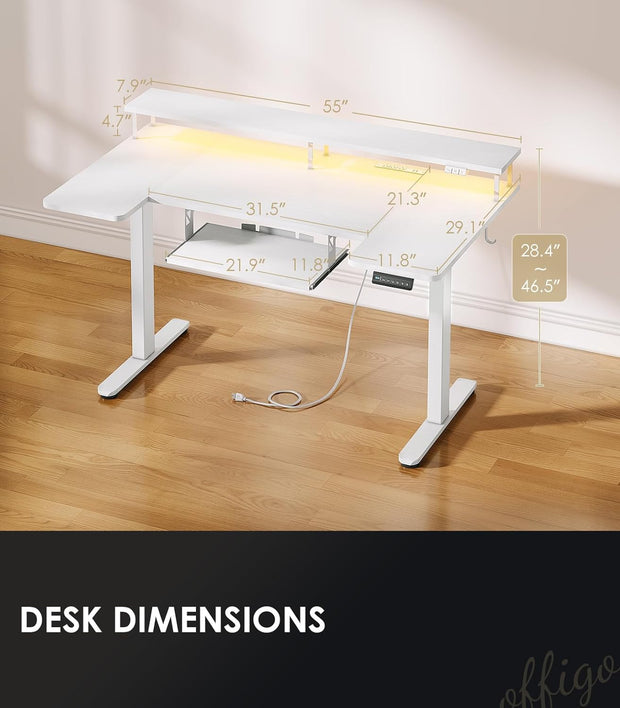 U Shaped Electric Standing Desk with Keyboard Tray, 55 Inch Height Adjustable Desk with Power Outlets & LED Lights, Sit Stand Table with Monitor Stand for Home, Office, White