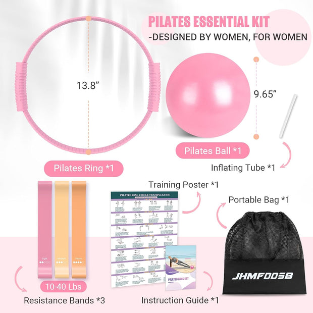 Pilates Ring Set, Pilates Essentials Kit with Pilates Ring and Ball, 3 Resistance Bands, Portable Bag & Training Poster, at Home Pilates Starter Workouts Equipment Kit for Women