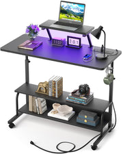 Height Adjustable Standing Desk with Power Outlets and LED Lights - 39" Manual Stand Up Desk with Monitor Stand and Storage Shelves Small Mobile Rolling Computer Desk Portable Laptop Table, Rustic