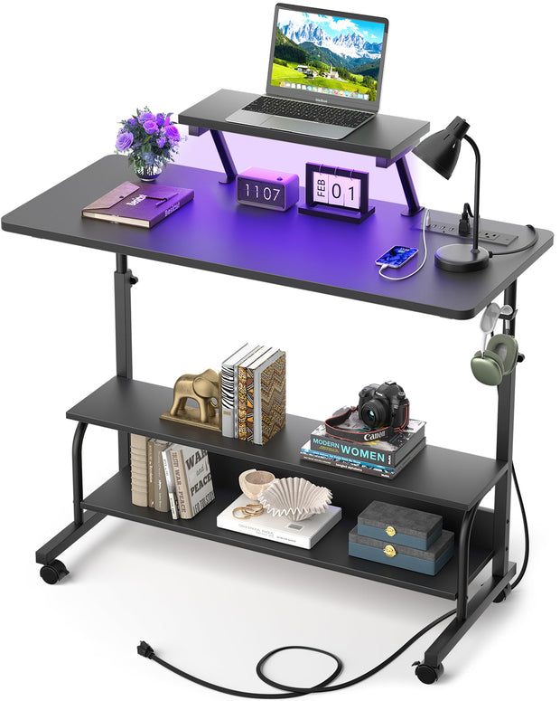 Height Adjustable Standing Desk with Power Outlets and LED Lights - 39" Manual Stand Up Desk with Monitor Stand and Storage Shelves Small Mobile Rolling Computer Desk Portable Laptop Table, Rustic