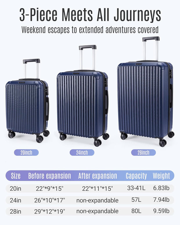 LIGHT FLIGHT Travel Luggage Sets, 3 Piece Set Suitcase with Spinner Wheels, Hardside Lightweight Luggage set with TSA Lock (20" 24" 28"), Navy Blue