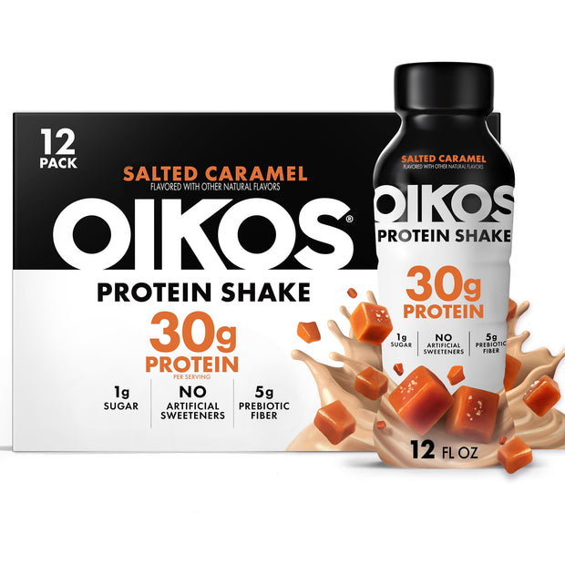 Oikos Protein Shake, Chocolate, 30g High Protein Drinks, Shelf Stable, Ready to Drink, 5g Prebiotic Fiber, 12 fl oz Bottle, 12 Count​