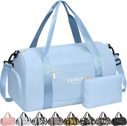 Gym Bag for Women with Shoe Compartment Waterproof, Sports Duffle Bag for Travel Duffel Weekender Carry on Beach Yoga Overnight Luggage Mommy Maternity Hospital Bag Blue 17.5 Inch