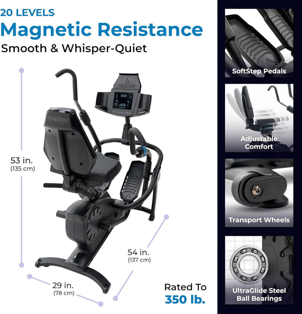 Teeter FreeStep Recumbent Cross Trainer Stepper, Zero-Impact Exercise Bike Alternative w/Patented Physical Therapy Stride, Up to 350lb, Free App w/Trainer Workouts