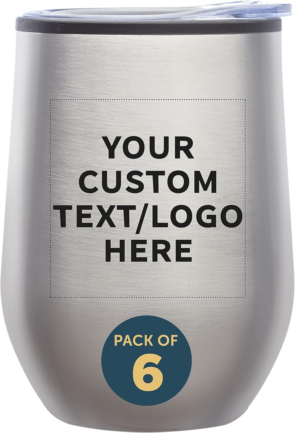 Custom Stemless Wine Tumblers 12 oz. Set of 6, Personalized Bulk Pack - Insulated, Perfect for Wine, Cocktails, Other Hot & Cold Beverages - Silver