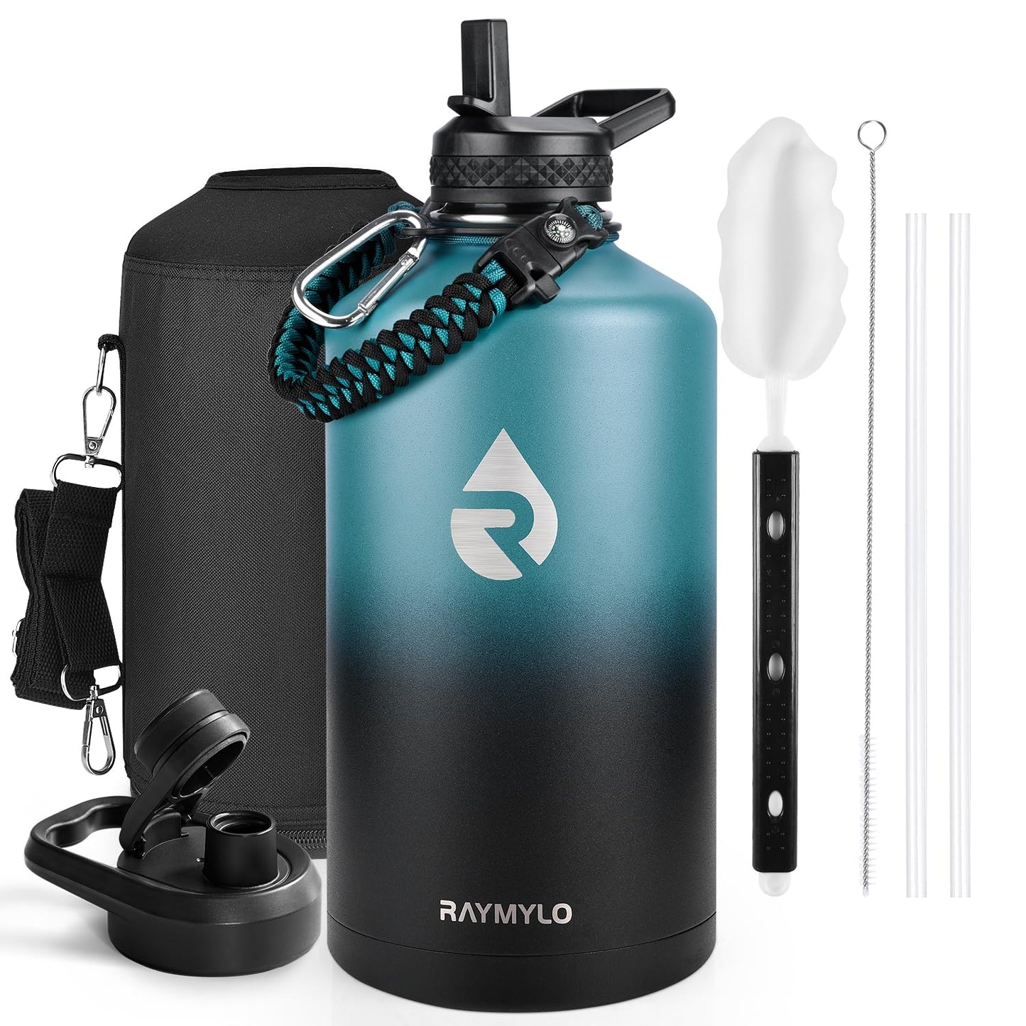 Insulated Water Bottle 64 oz, Triple Wall Vacuum Stainless Steel (Cold for 48 Hrs), Leak Proof & Non-BPA, Half Gallon Water Flask Jug with Paracord Handle & Straw Spout Lids, Magic Black