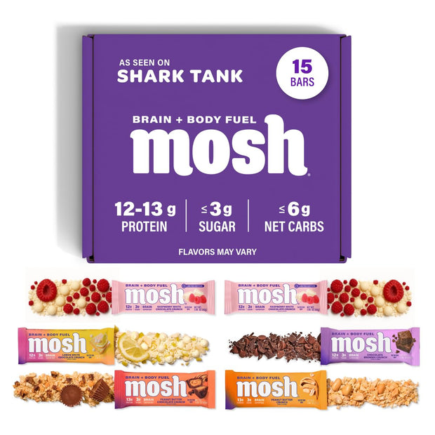 MOSH Variety Pack Keto Protein Bars, High Fiber, Low Carb, Gluten Free, High Protein, Brain Healthy Snack with Ashwagandha, Lion's Mane, 6 Count