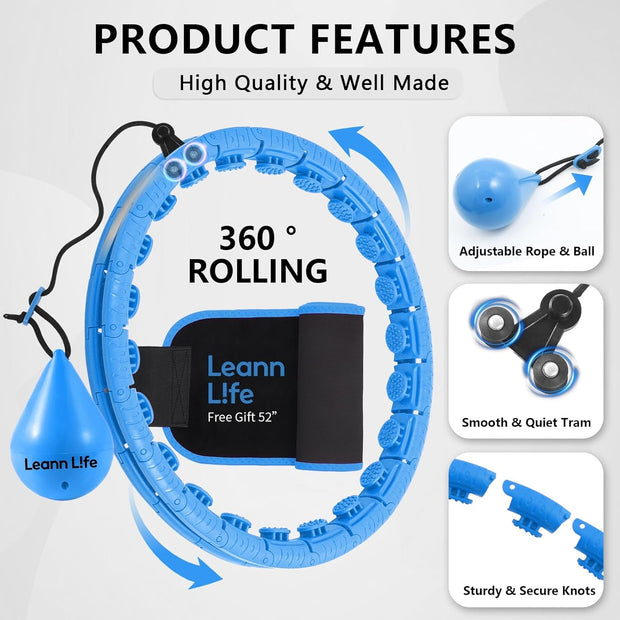 U2-26 Knots 19”- 56”, Weighted Hula Hoop for Adults Weight Loss, Infinity Hoop Plus Size, Children Adults Home Outdoors, Fun Fitness Exercise, Abdominal Toner,Free Waist Trimmer&Wash Bag