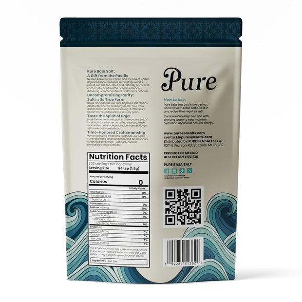 Pure Sea Salts Baja Sea Salt 1 lb, 100% Organic, Unrefined, Fine Ground Crystals, Mineral-Rich, Low Sodium, for Cooking, Finishing, Hydration & Grinders – Hand-Harvested from the Sea of Cortez
