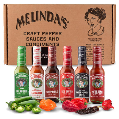 Melinda’s Pepper Sauce Challenge Collection - Extra Spicy Gourmet Hot Sauce Gift Set - Includes Jalapeño, Extra Hot Habanero, Chipotle, Red Savina, Ghost, Scorpion - 5 oz, 6 Pack