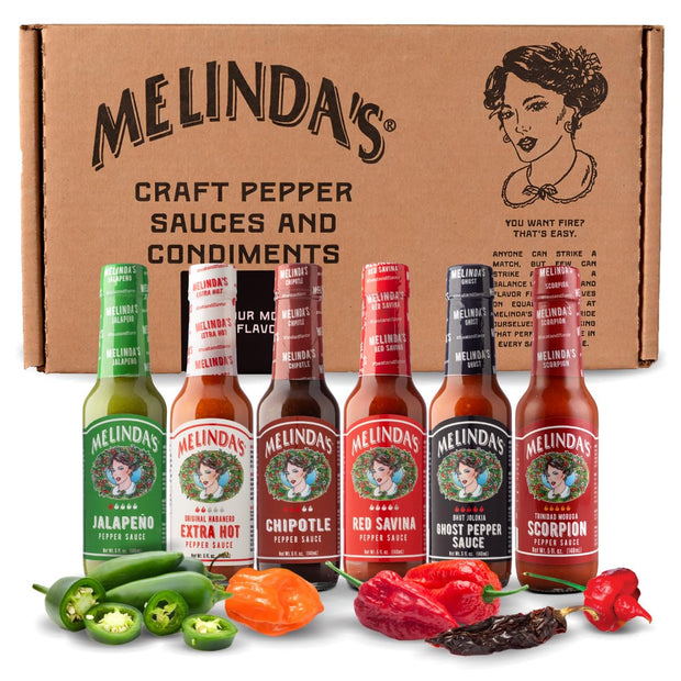 Melinda’s Pepper Sauce Challenge Collection - Extra Spicy Gourmet Hot Sauce Gift Set - Includes Jalapeño, Extra Hot Habanero, Chipotle, Red Savina, Ghost, Scorpion - 5 oz, 6 Pack