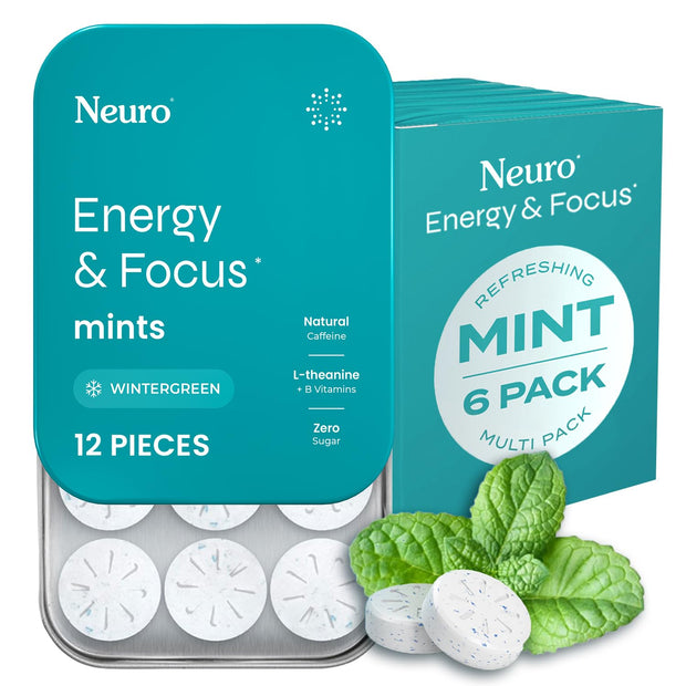 Neuro Energy & Focus Mints - Sugar Free Breath Mints with 80mg Natural Caffeine, B Vitamins & L-Theanine - Vegan Brain Supplement for Exercise, Study & Daily Focus - Peppermint, 72 ct
