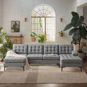 VINGLI 110" Modern U Shaped Sectional Couch with 51"D Double Chaise for Living Room, Black Deep Seat Sectional Sofa Sets with 5.9" Thickness Seating Padding for Home Furniture,Linen Fabric,Metal Legs