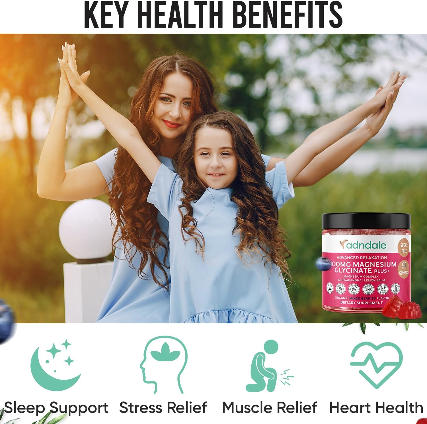 Adndale 90 CT Magnesium Glycinate Gummies 400 mg/Serv with Ashwagandha, Magnesium Malate & Taurate, Sugar Free Chews for Adults & Kids Relaxation, Stress Relief, Night Rest, Muscle & Cardio Support
