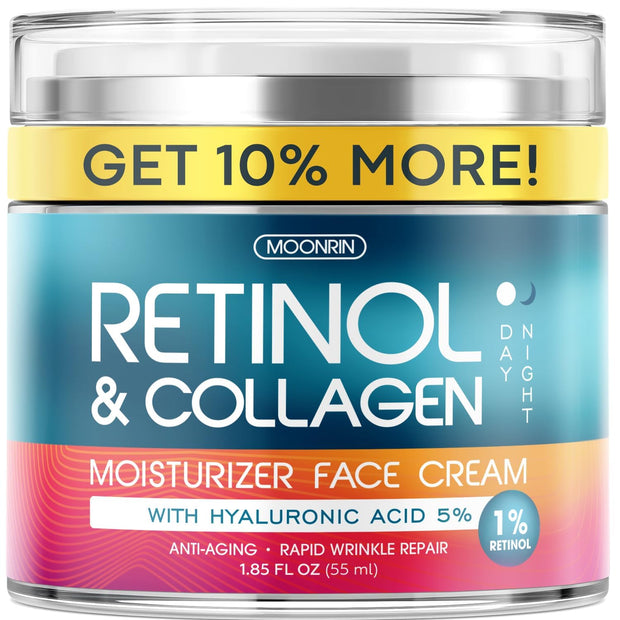 Retinol Cream for Face with Hyaluronic Acid, Anti Aging Wrinkle Cream for Women and Men, Day and Night Collagen Moisturizer to Minimize Wrinkles, Dryness, 1.85 Oz