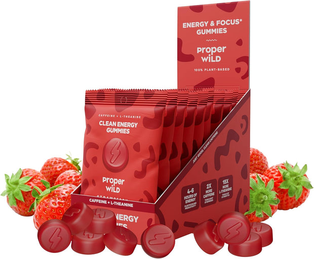 Proper Wild Vegan Energy Gummies with L-Theanine & Organic Caffeine, Clean Energy & Focus, Plant-Based, Gluten-Free, Non-GMO, Dairy-Free, Stevia-Free, Soy-Free, Strawberry (10-Pack)