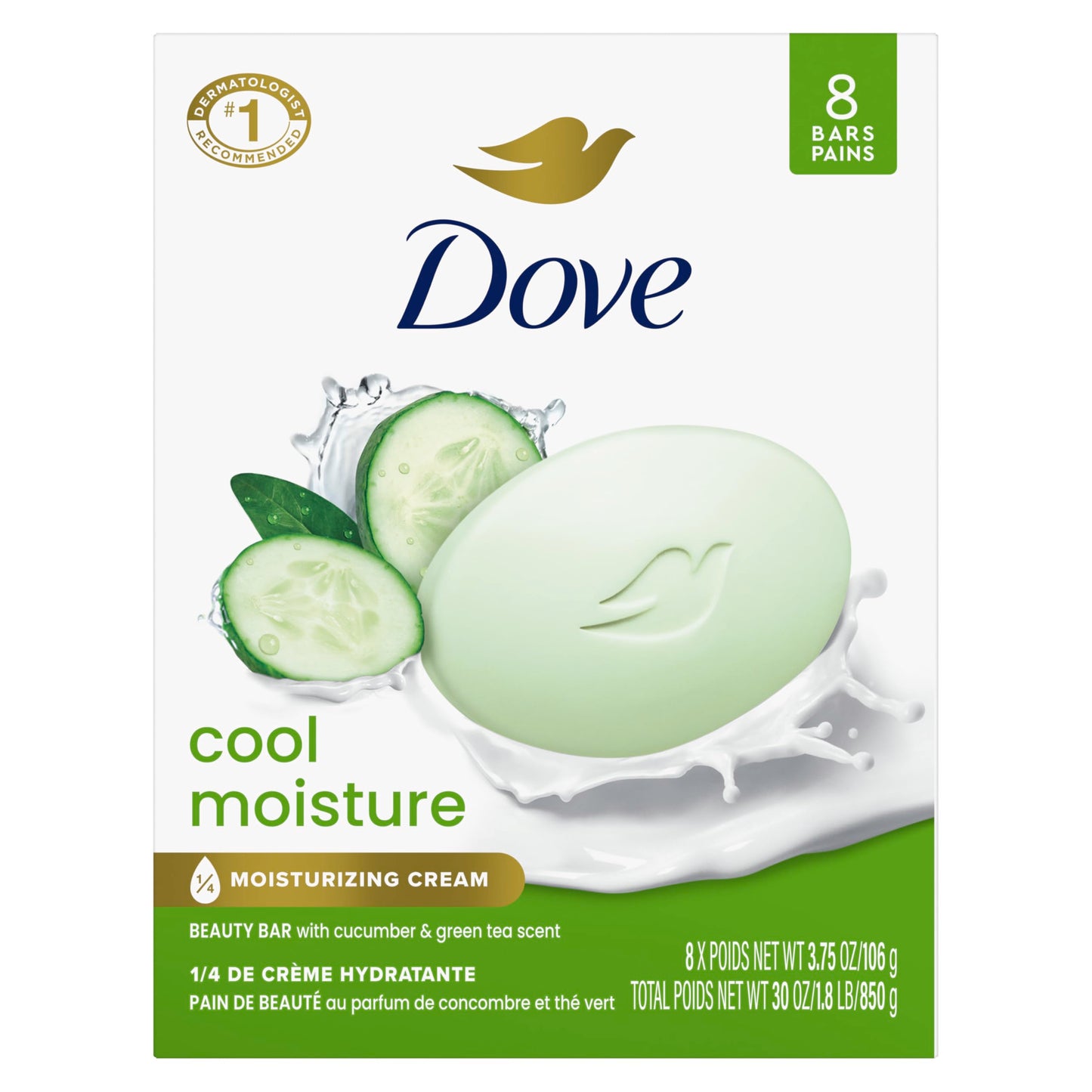 Dove Beauty Bar Soap Cool Moisture Cucumber & Green Tea Scent 6 Count for Refreshed Skin, Leaves Skin Refreshed 3.75 oz