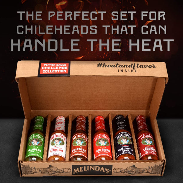 Melinda’s Pepper Sauce Challenge Collection - Extra Spicy Gourmet Hot Sauce Gift Set - Includes Jalapeño, Extra Hot Habanero, Chipotle, Red Savina, Ghost, Scorpion - 5 oz, 6 Pack