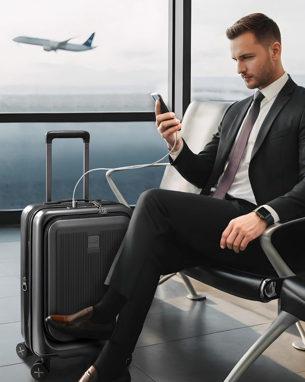 LUGGEX Carry on Luggage 22x14x9 Airline Approved, PC Hard Shell Suitcase with Front Pocket, Expandable Luggage with USB Port (Blue, 20 Inch, 37L)