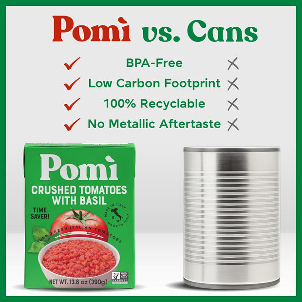 Pomì Crushed Tomatoes with Basil - Creamy, Velvety Italian Sauce, No Salt, Additives/Preservatives, GMO-Free, Gluten-Free, 100% Fresh Tomatoes, 13.8oz (Pack of 12)