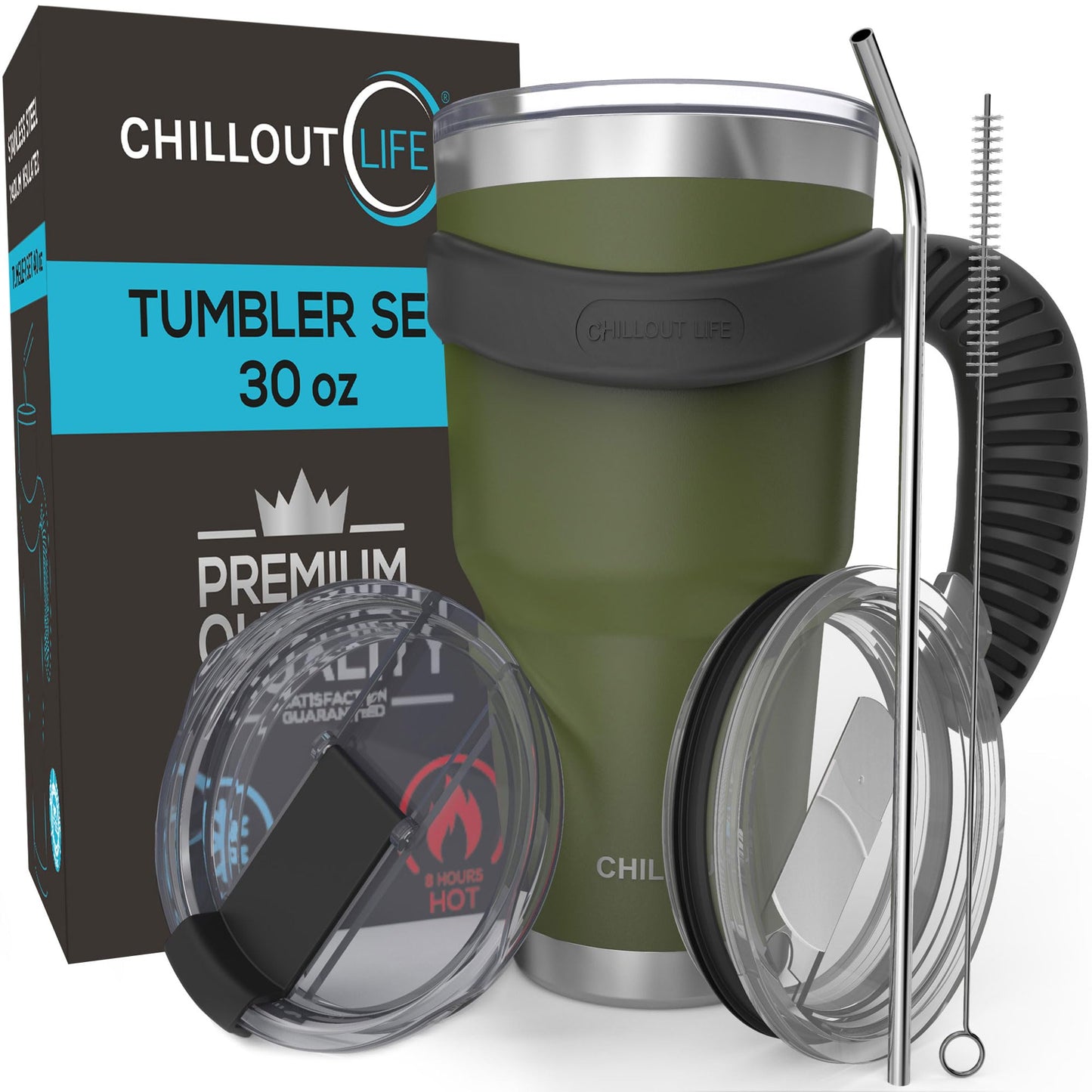 CHILLOUT LIFE Stainless Steel Travel Mug with Handle 30 oz – 6 Piece Set. Tumbler with Handle, Straw, Cleaning Brush & 2 Lids. Double Wall Insulated Large Coffee Mug Bundle