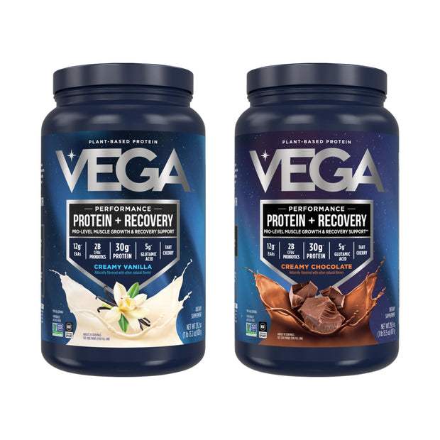 Vega Sport Vegan Protein Powder + Recovery - 30g Plant Based Protein per Serving, Chocolate, 19 Servings, 5g BCAAs, Probiotics, NSF Certified, For Shakes & Smoothies, 1.8lbs (Packaging May Vary)