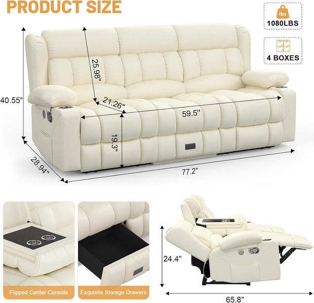 Loveseat Recliner Sofa, Flip Middle Backrest Design PU Leather 3 Seat Reclining Sofa with Storage Drawer, Manual Couch for Living Room (Ivory White, PU)