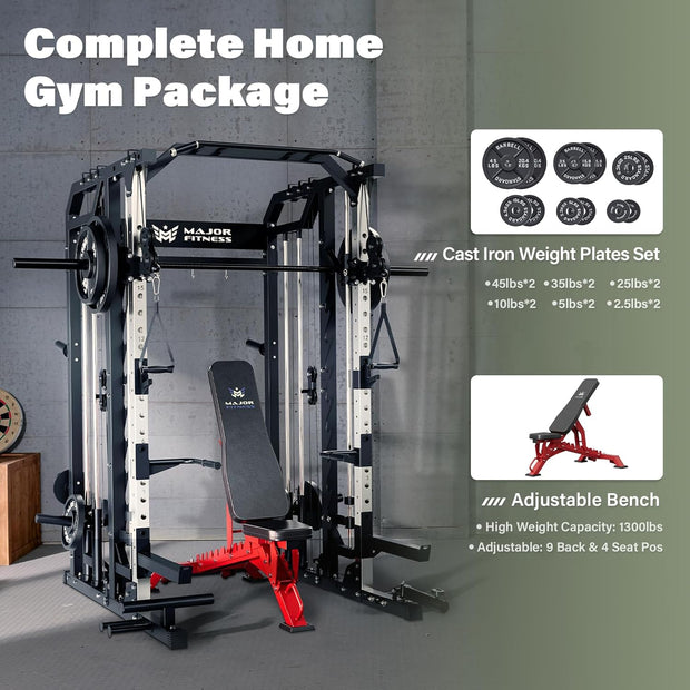 Major Fitness Drone2 Smith△ Machine – All-in-One Home Gym Squat Rack with Weight Bar, Dual LAT Pull-Down Systems & Cable Crossover Machine for Full-Body Workouts