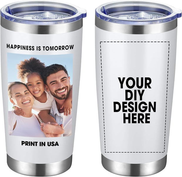 Personalized Custom Tumbler Print in USA 20oz Stainless Steel Coffee Cup with Lid & Straw Double Wall Insulated Tumbler with Colorful Text Logo Photo