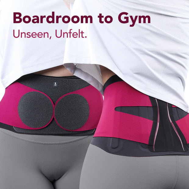 Ultra Thin Back Brace for Lower Back Pain Women, Enhanced Lumbar Support System, Seamless Yoga Fabric, Slim-Fit & Invisible, Wear under Clothes, Sciatica, Posture, Lifting, Rose, Size L