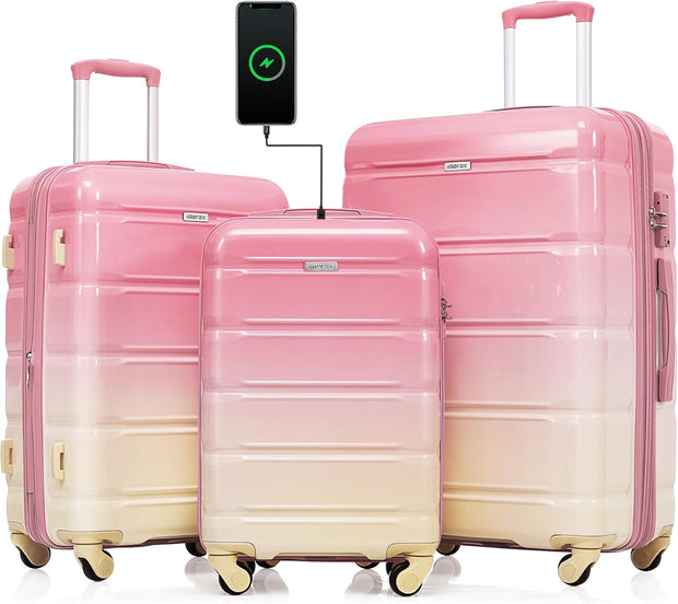 Merax Luggage Sets 3 Pcs, ABS Hardside Suit case with Spinner Wheels Lightweight TSA Lock, Gradient Pink, 20/24/28 Inch