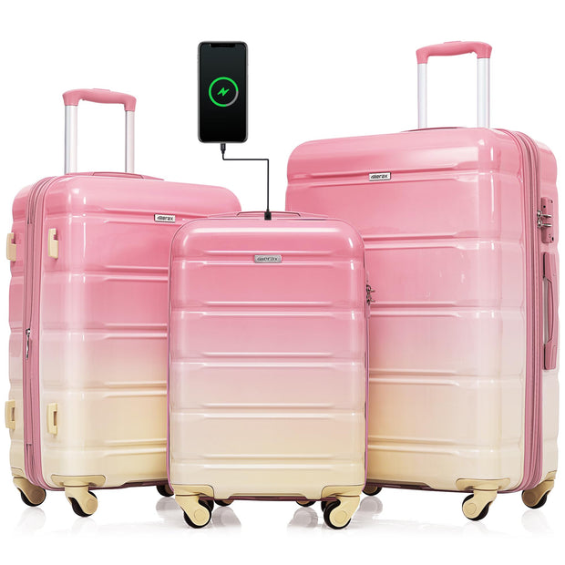 Merax Luggage Sets 3 Pcs, ABS Hardside Suit case with Spinner Wheels Lightweight TSA Lock, Gradient Pink, 20/24/28 Inch
