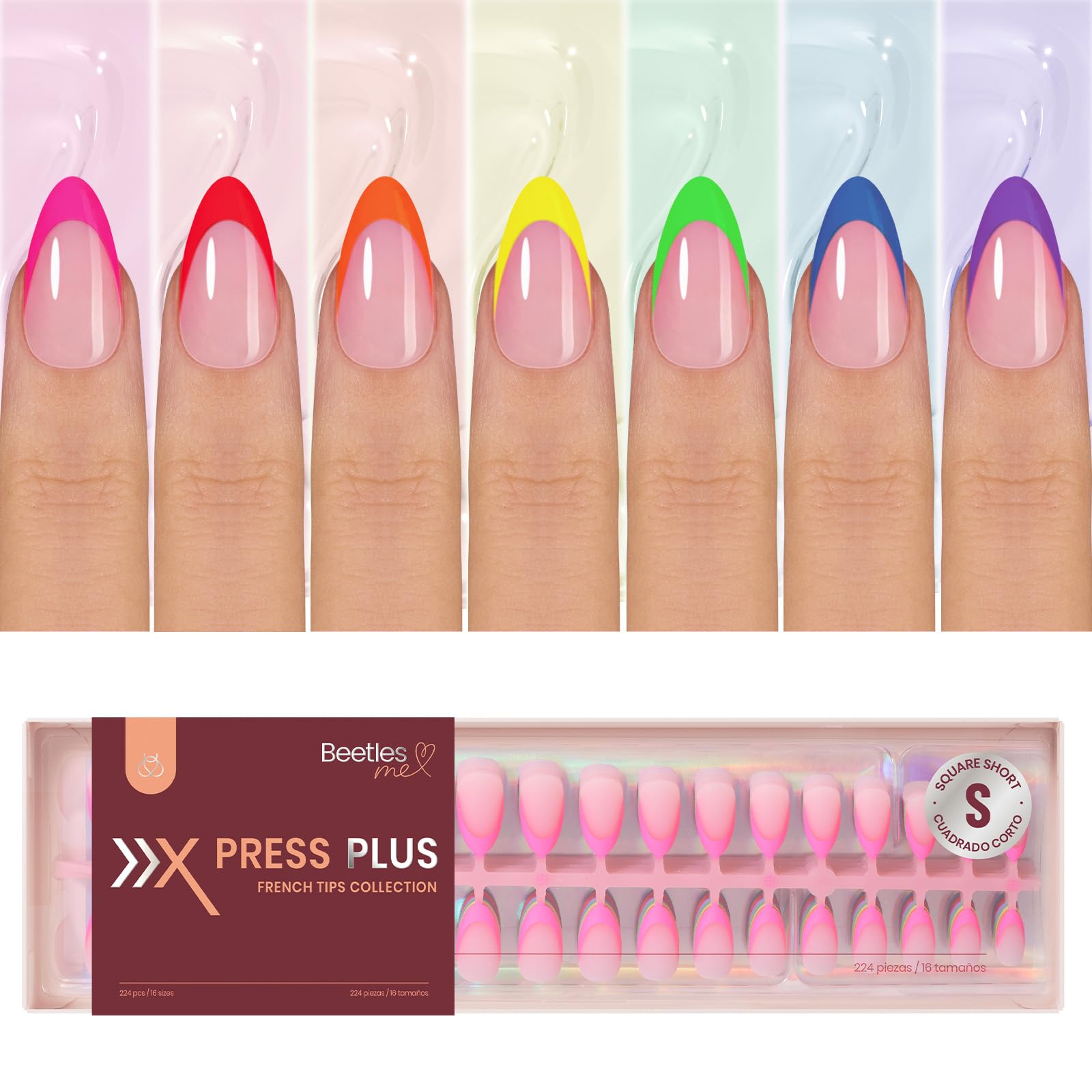 Beetles French Tip Press On Nails, 16 Sizes 224 Pcs Pink Short Almond Press On Nails 4 In 1 Gel Nail Tips Pre-Applied Primer Base Coat Soak Off Uv Nail Extension DIY Manicure Gift for Women