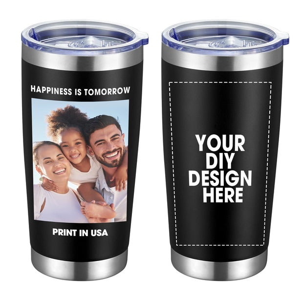 Personalized Custom Tumbler Print in USA 20oz Stainless Steel Coffee Cup with Lid & Straw Double Wall Insulated Tumbler with Colorful Text Logo Photo