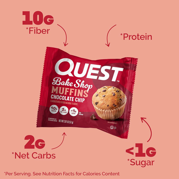 Quest Nutrition Chocolate Chip Muffin, 10g Protein, 2g Net Carb, Less than 1g Sugar, Protein Snack, 4 Count