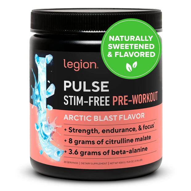 LEGION Pulse Pre Workout Supplement - All Natural Nitric Oxide Preworkout Drink to Boost Energy, Creatine Free, Naturally Sweetened, Beta Alanine, Citrulline, Alpha GPC (Caffeine Free Blue Razz)
