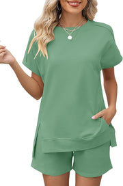 LOMON Womens Fashion 2 Piece Outfits Sweatsuits 2025 Summer Short Sleeve Loungewear Tracksuit Round Neck Lounge Shorts Sets