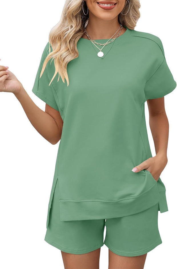 LOMON Womens Fashion 2 Piece Outfits Sweatsuits 2025 Summer Short Sleeve Loungewear Tracksuit Round Neck Lounge Shorts Sets