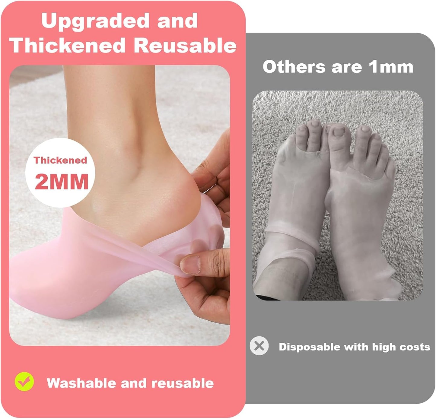Silicone Socks for Dry Cracked Feet Women,New Upgrade Thickened Moisturizing Foot Mask Exfoliating Silicone Socks,2 Pairs Spa Gel Moisturizer Socks Foot Care After Pedicure,Large