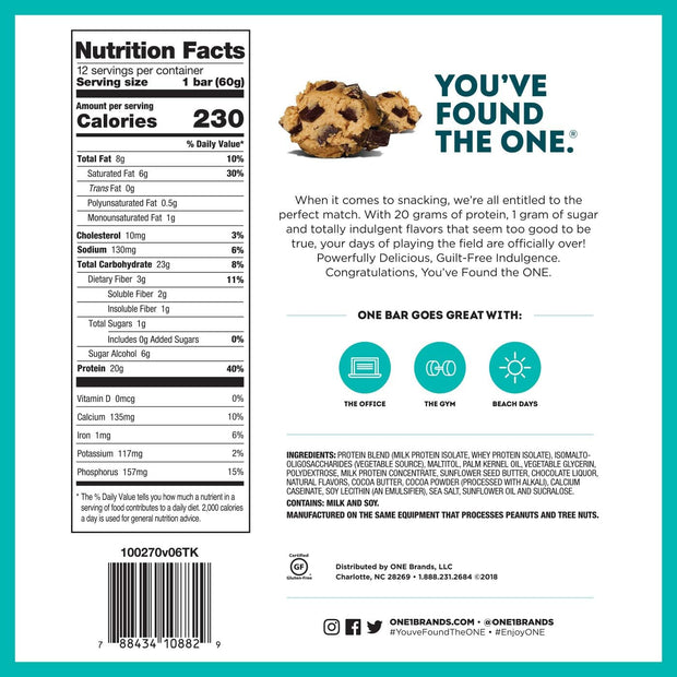 One Protein Bars Chocolate Chip Cookie Dough, 2.12 Oz, 4 Ct